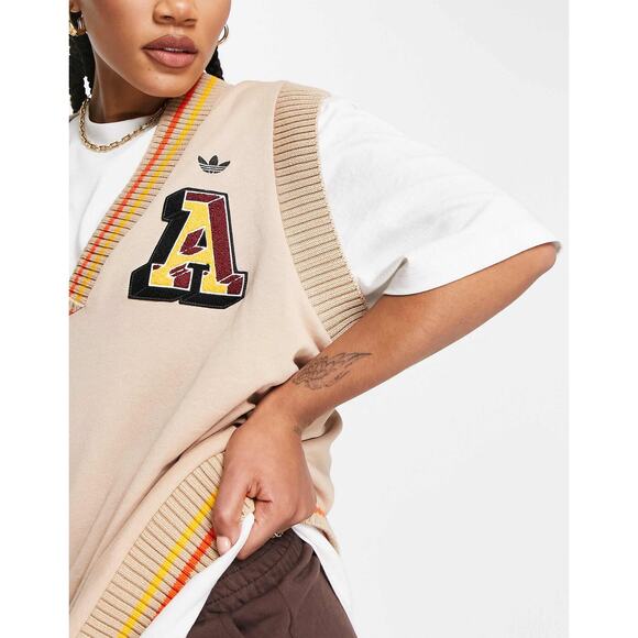 Adidas Originals Preppy Varsity Knit Tank Top Large Tan Cream - Picture 2 of 12